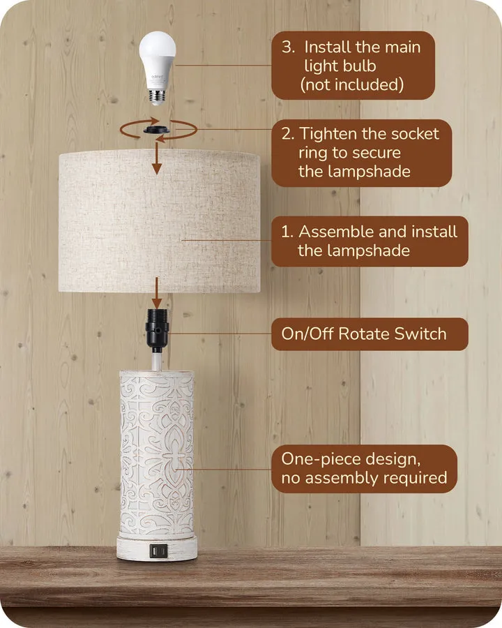 21.65" 3-Way Dimmable Farmhouse Table Lamp with Night Light (2 Pack)-HLTL09D