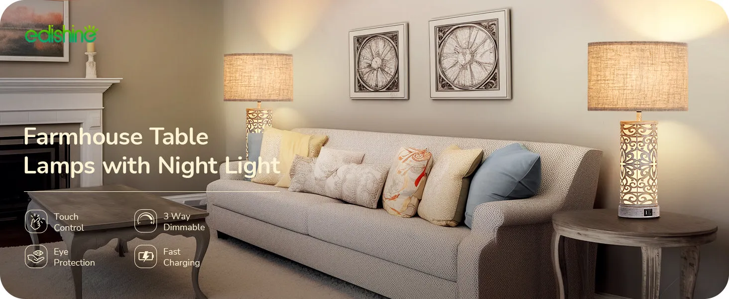 21.65" 3-Way Dimmable Farmhouse Table Lamp with Night Light (2 Pack)-HLTL09D