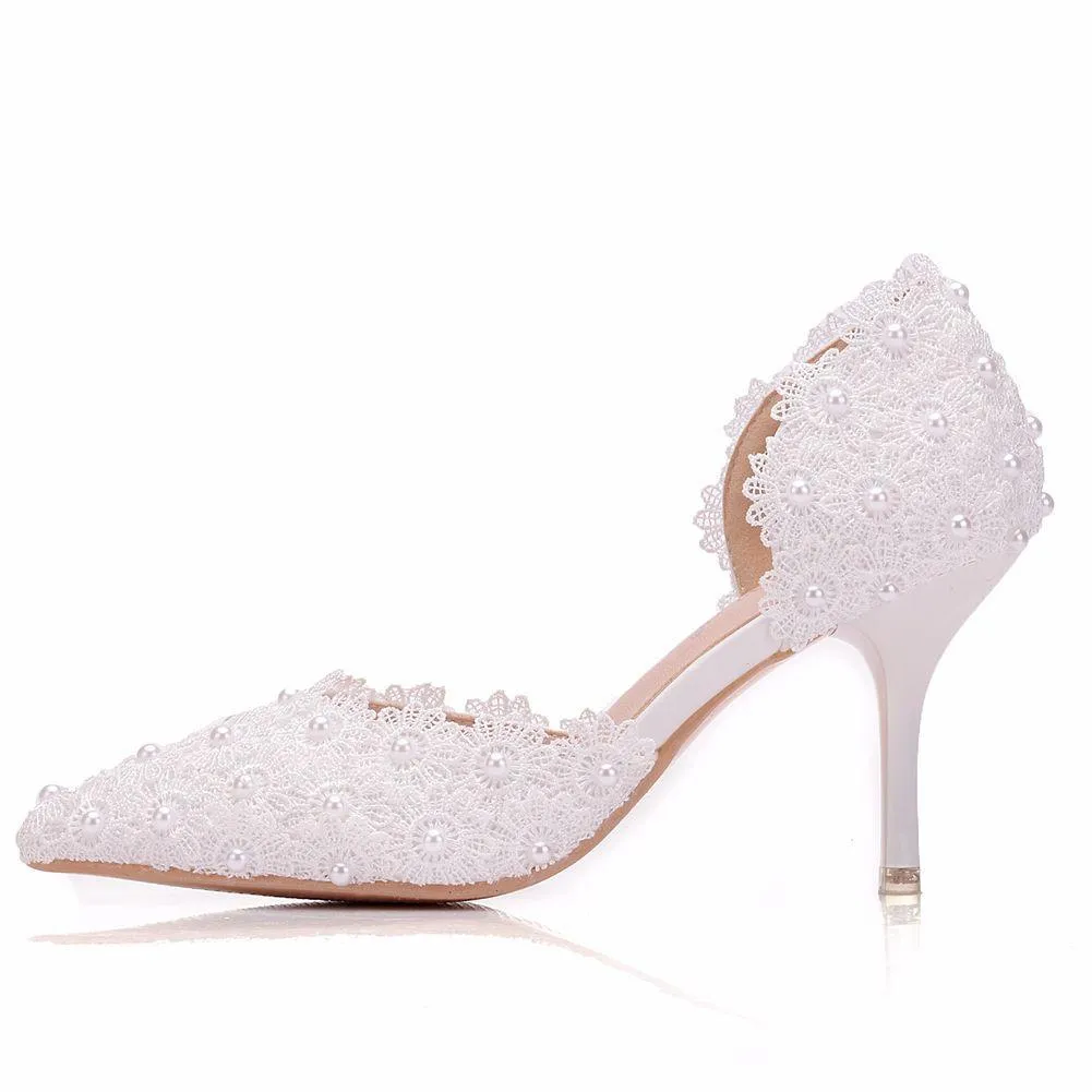 3" Floral lace pearls d’Orsay pumps wedding shoes pointed closed toe
