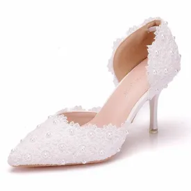 3" Floral lace pearls d’Orsay pumps wedding shoes pointed closed toe