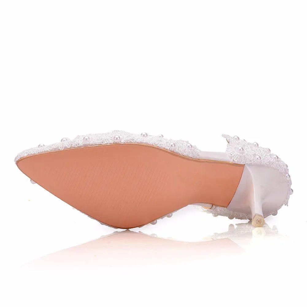 3" Floral lace pearls d’Orsay pumps wedding shoes pointed closed toe