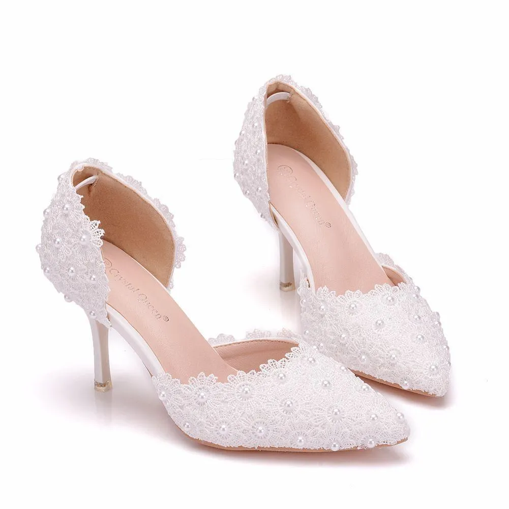 3" Floral lace pearls d’Orsay pumps wedding shoes pointed closed toe