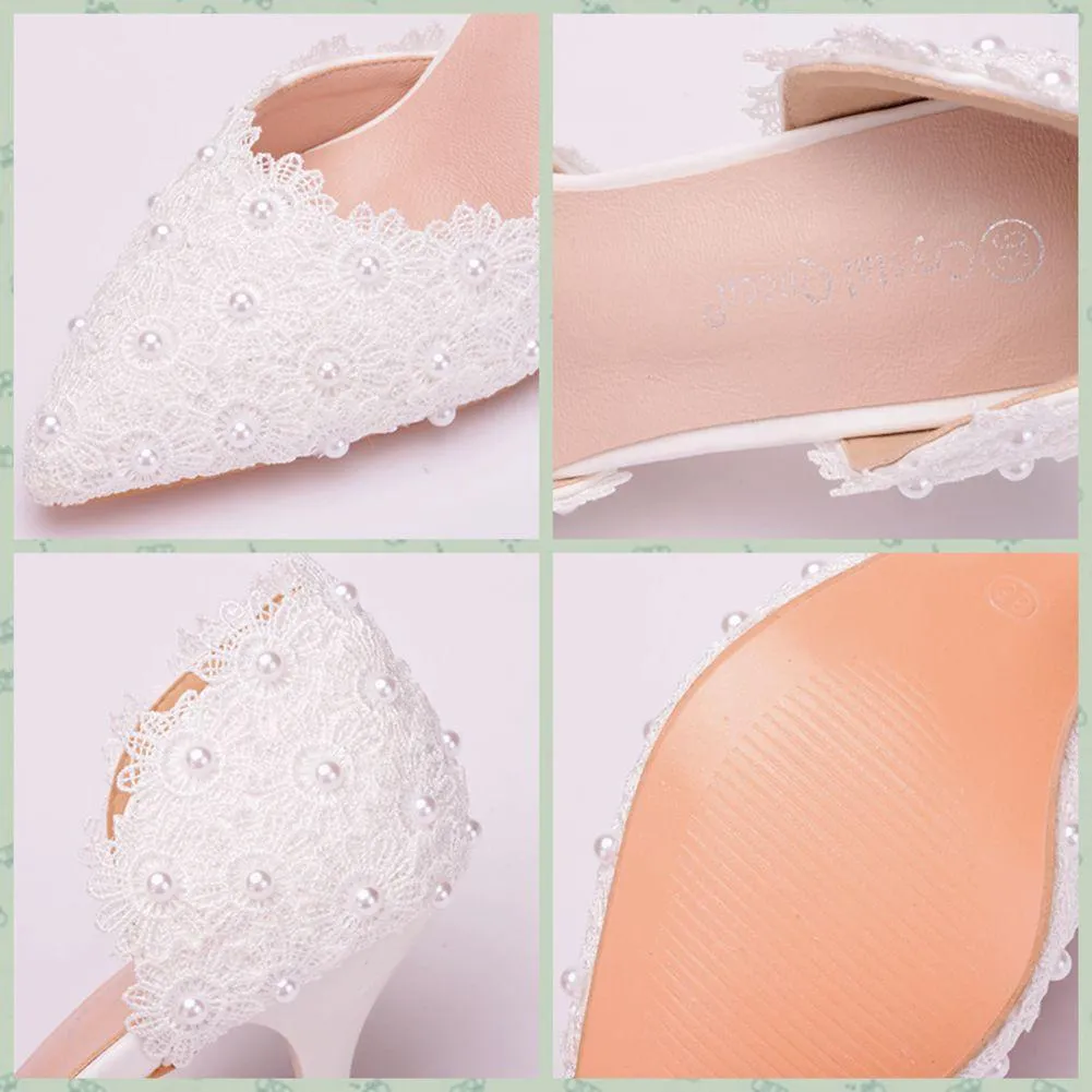 3" Floral lace pearls d’Orsay pumps wedding shoes pointed closed toe