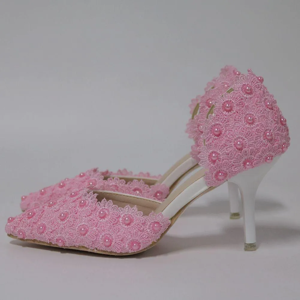 3" Floral lace pearls d’Orsay pumps wedding shoes pointed closed toe