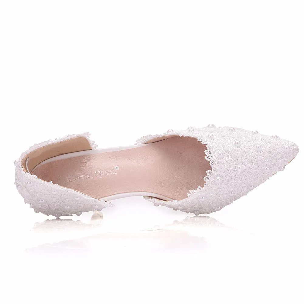 3" Floral lace pearls d’Orsay pumps wedding shoes pointed closed toe