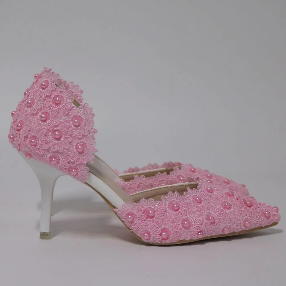 3" Floral lace pearls d’Orsay pumps wedding shoes pointed closed toe