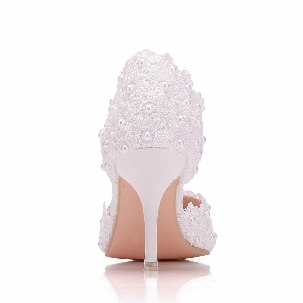 3" Floral lace pearls d’Orsay pumps wedding shoes pointed closed toe