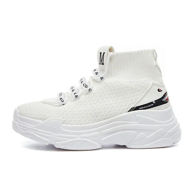 ADBOOV High Top Men Women Sneakers 5 CM Thick Sole Sock Shoes Knit Vamp Breathable Dad Shoes White Black Sapato Feminino