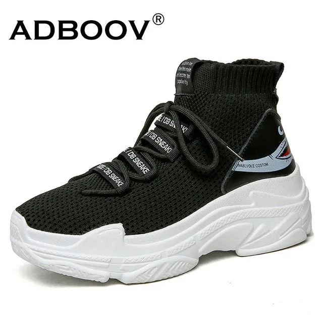 ADBOOV High Top Men Women Sneakers 5 CM Thick Sole Sock Shoes Knit Vamp Breathable Dad Shoes White Black Sapato Feminino