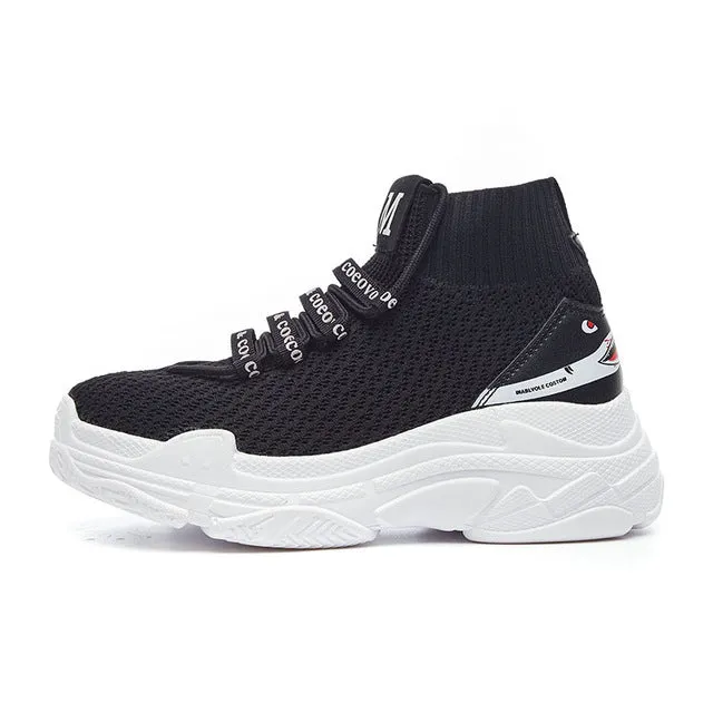 ADBOOV High Top Men Women Sneakers 5 CM Thick Sole Sock Shoes Knit Vamp Breathable Dad Shoes White Black Sapato Feminino