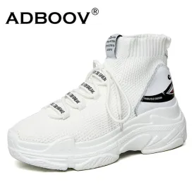 ADBOOV High Top Men Women Sneakers 5 CM Thick Sole Sock Shoes Knit Vamp Breathable Dad Shoes White Black Sapato Feminino