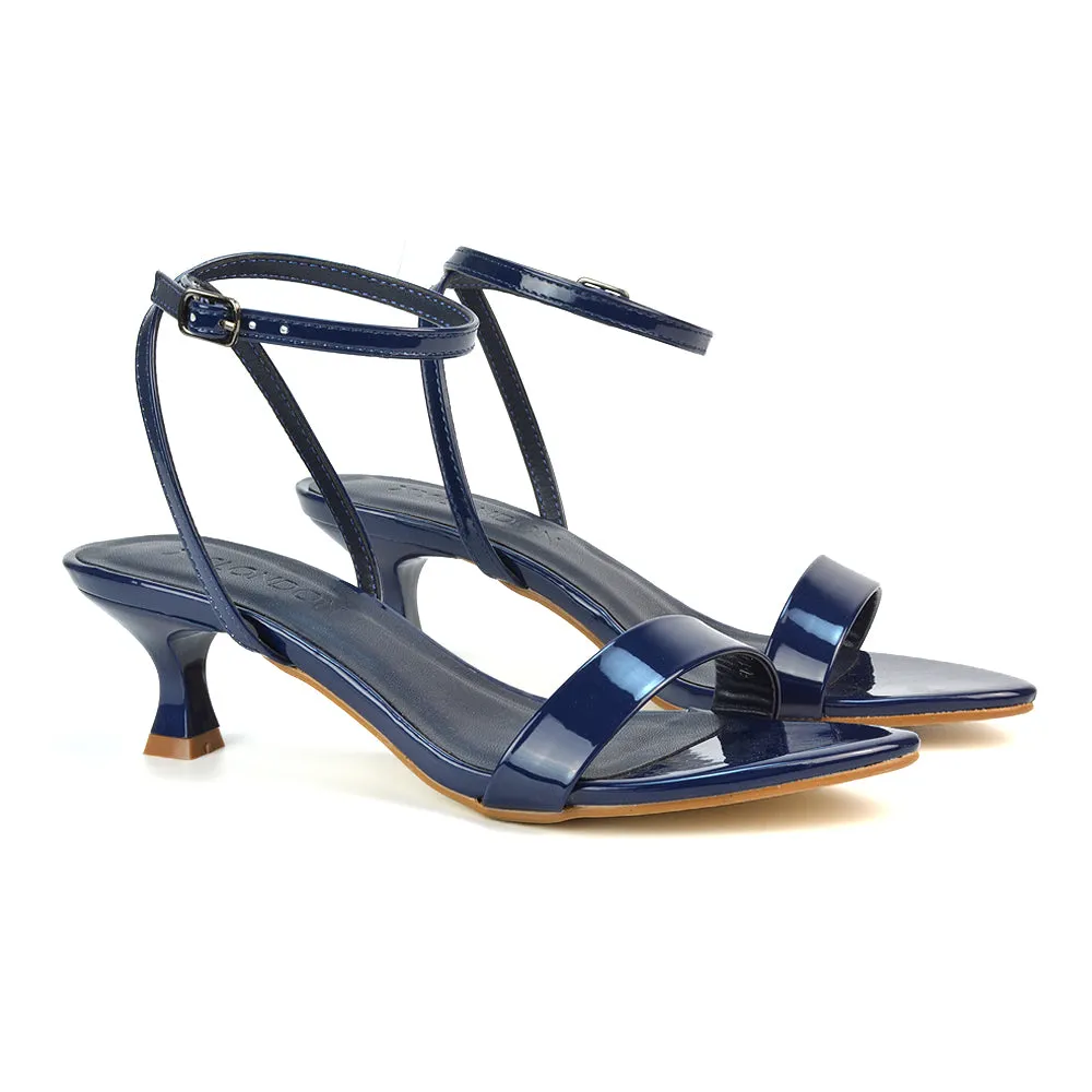 Antonia Strappy Party Kitten Low Heel Sandals in Navy Patent