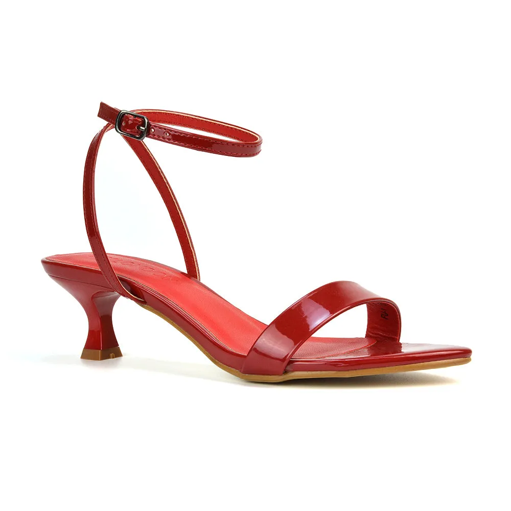 Antonia Strappy Party Kitten Low Heel Sandals in Navy Patent
