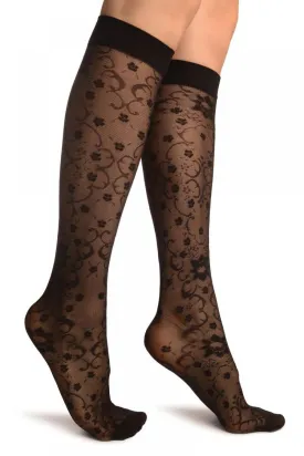 Black Orchids On Lace Socks Knee High