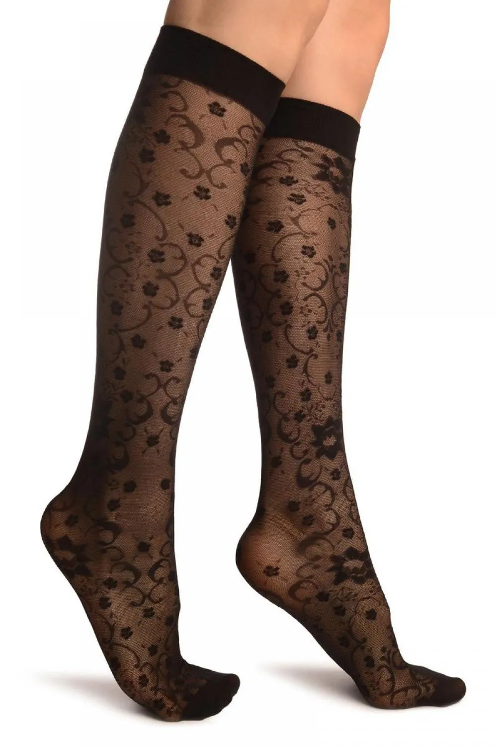 Black Orchids On Lace Socks Knee High