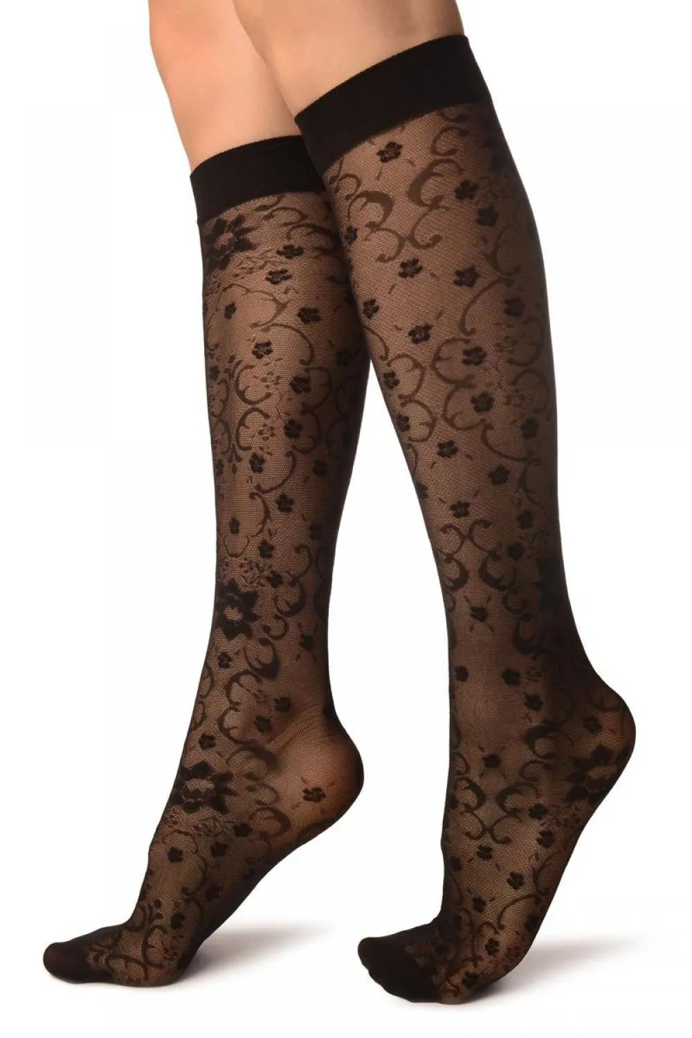 Black Orchids On Lace Socks Knee High