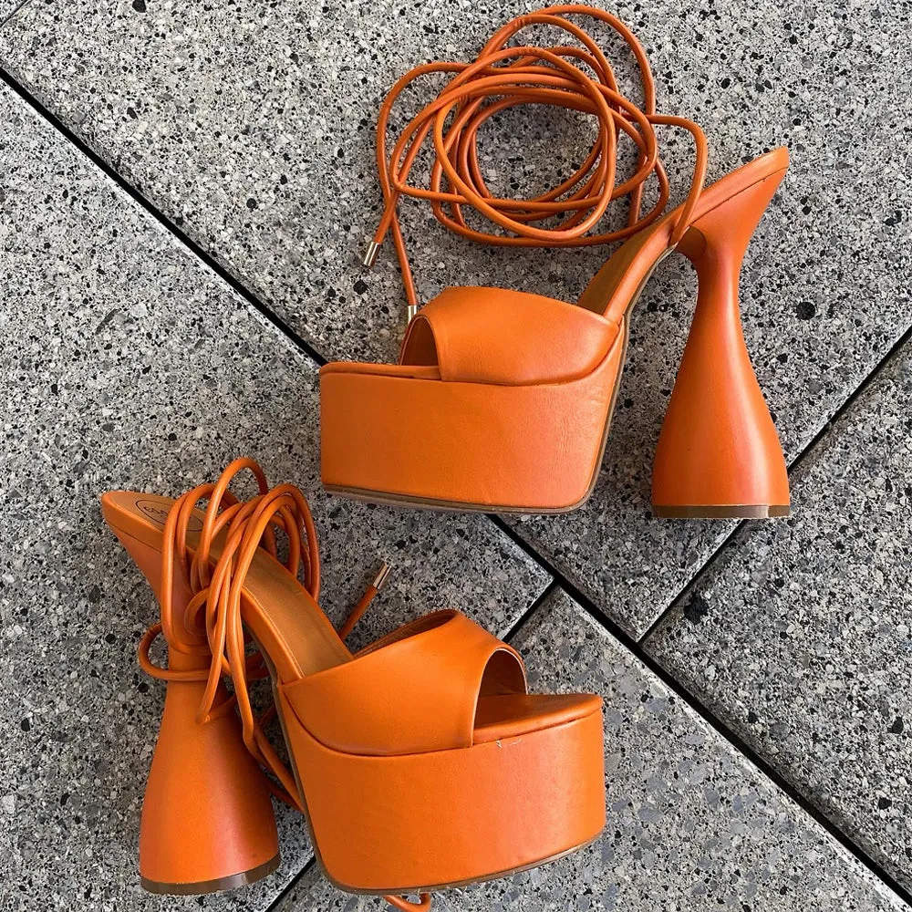 Celeste Lace Up Peep Toe Platform Sculptured Cylinder High Heel Sandals in Orange Synthetic Leather