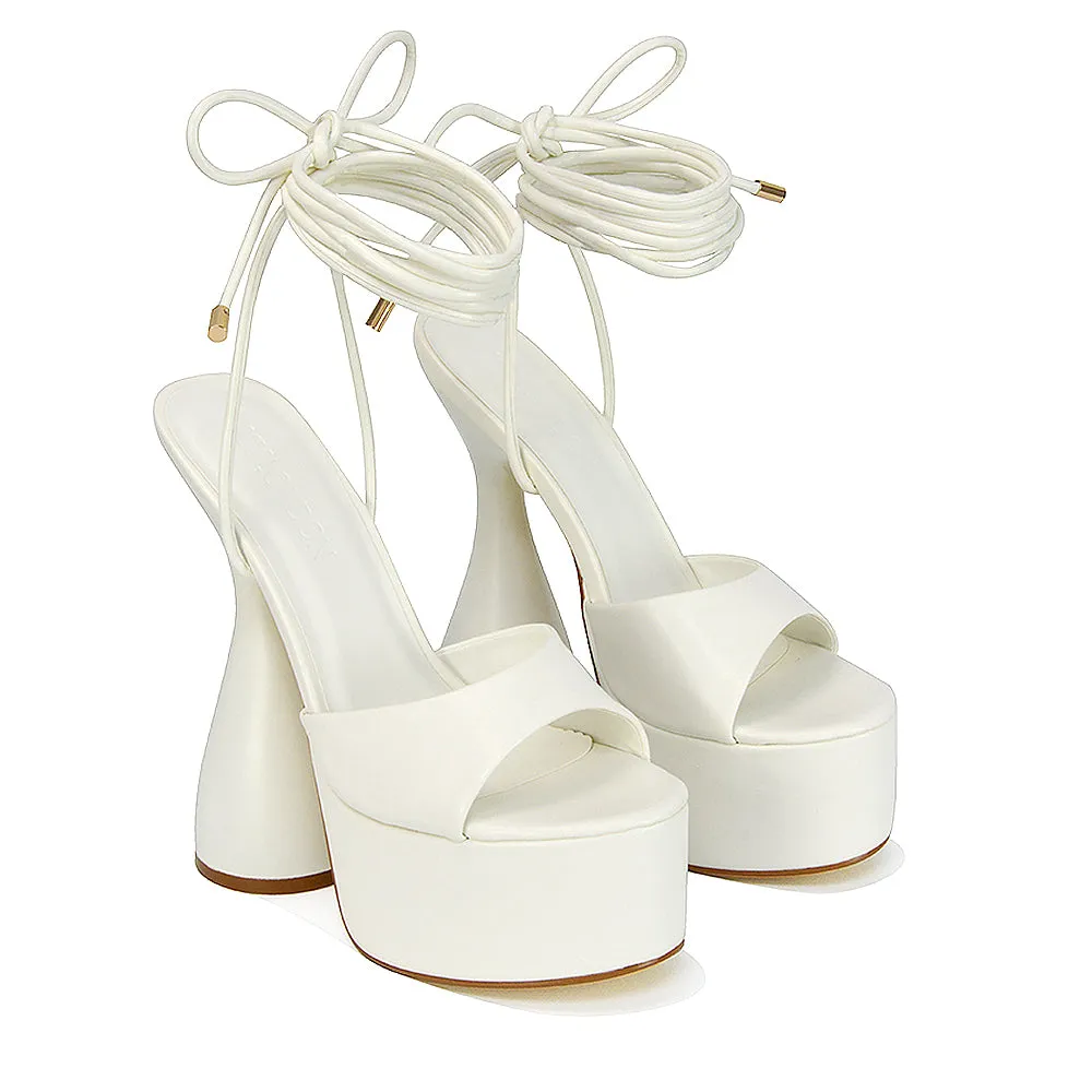 Celeste Lace Up Peep Toe Platform Sculptured Cylinder High Heel Sandals in White Synthetic Leather