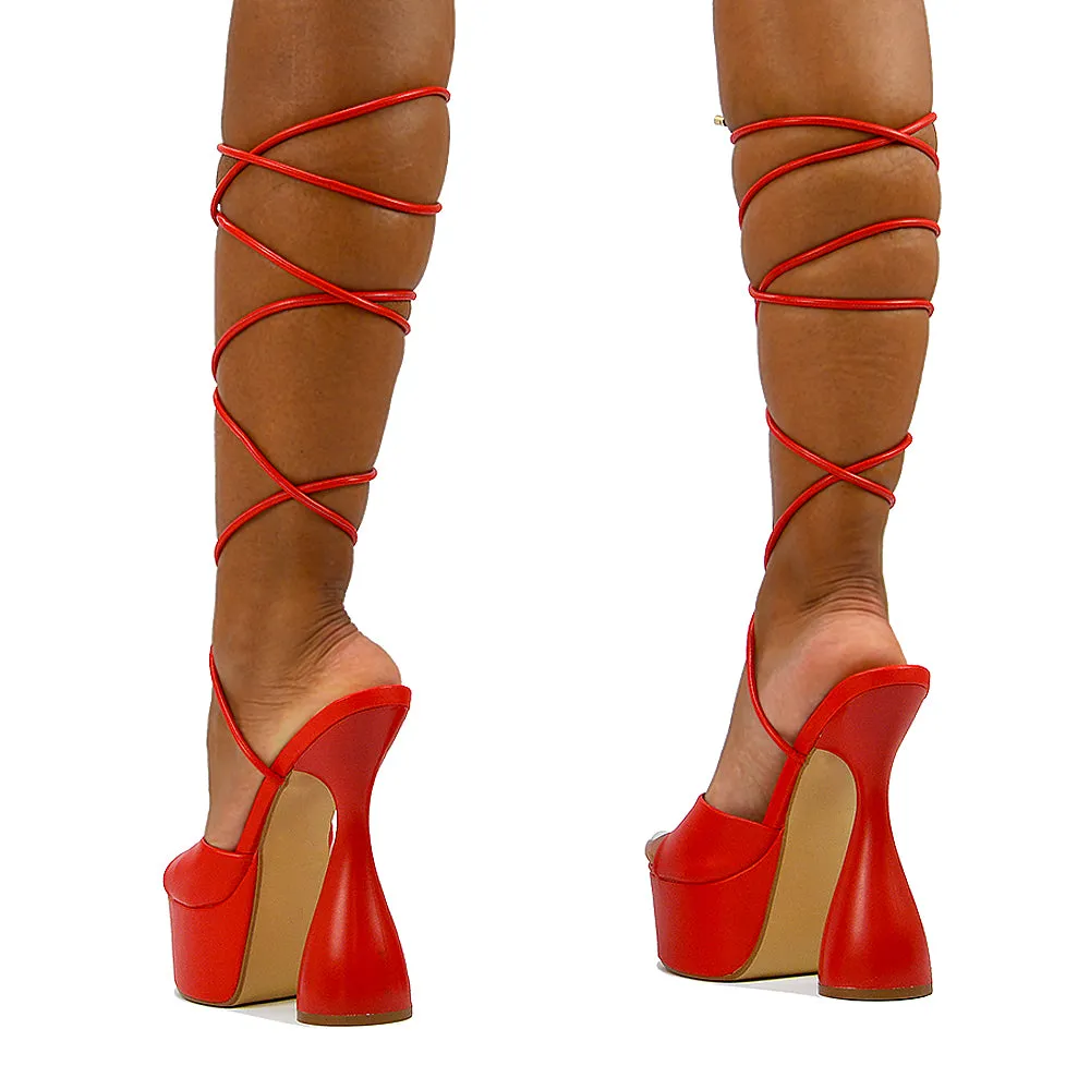 Celeste Lace Up Peep Toe Platform Sculptured Cylinder High Heel Sandals in White Synthetic Leather