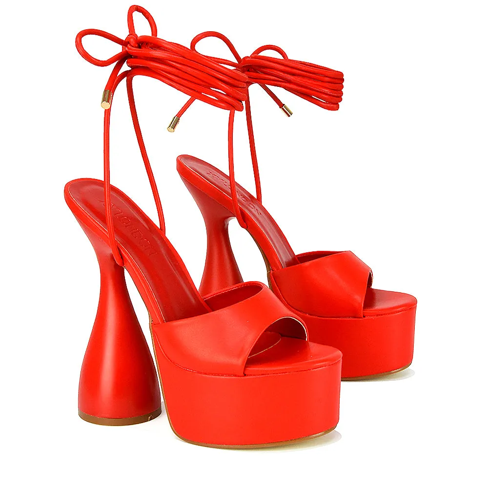 Celeste Lace Up Peep Toe Platform Sculptured Cylinder High Heel Sandals in White Synthetic Leather