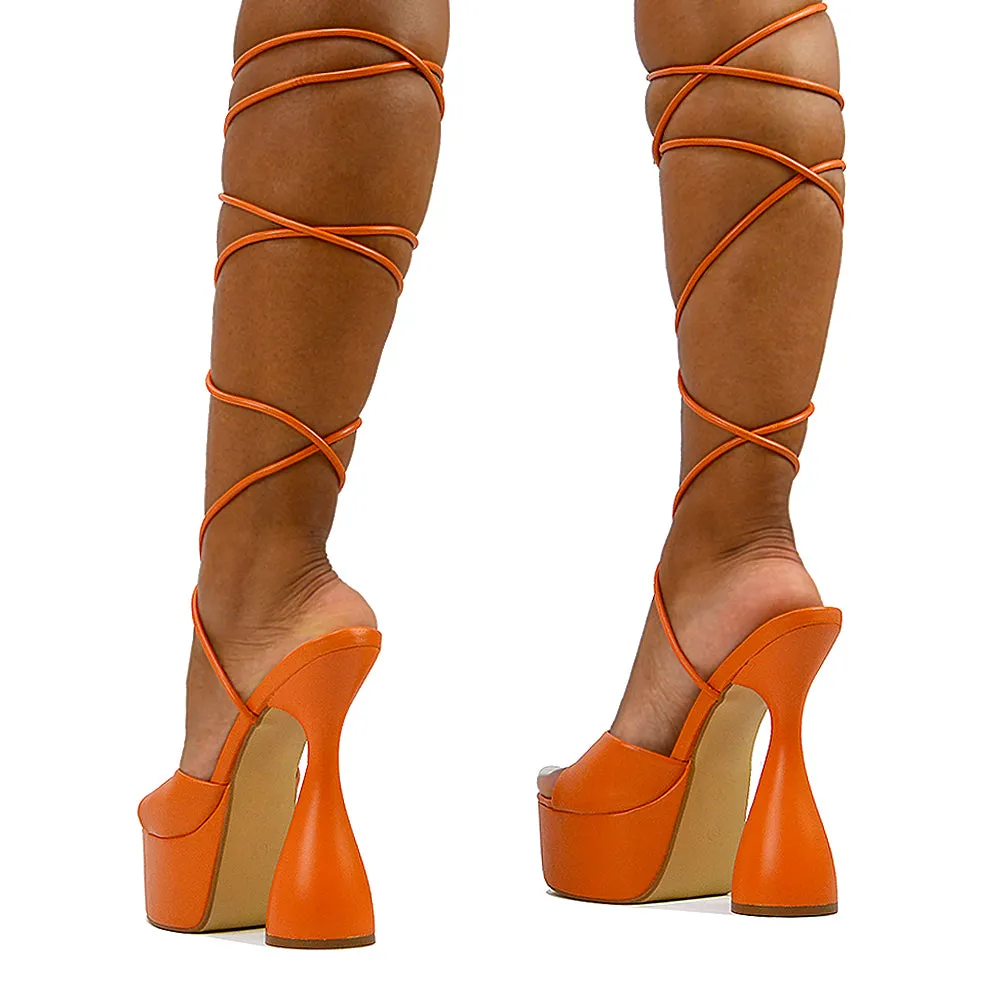 Celeste Lace Up Peep Toe Platform Sculptured Cylinder High Heel Sandals in White Synthetic Leather