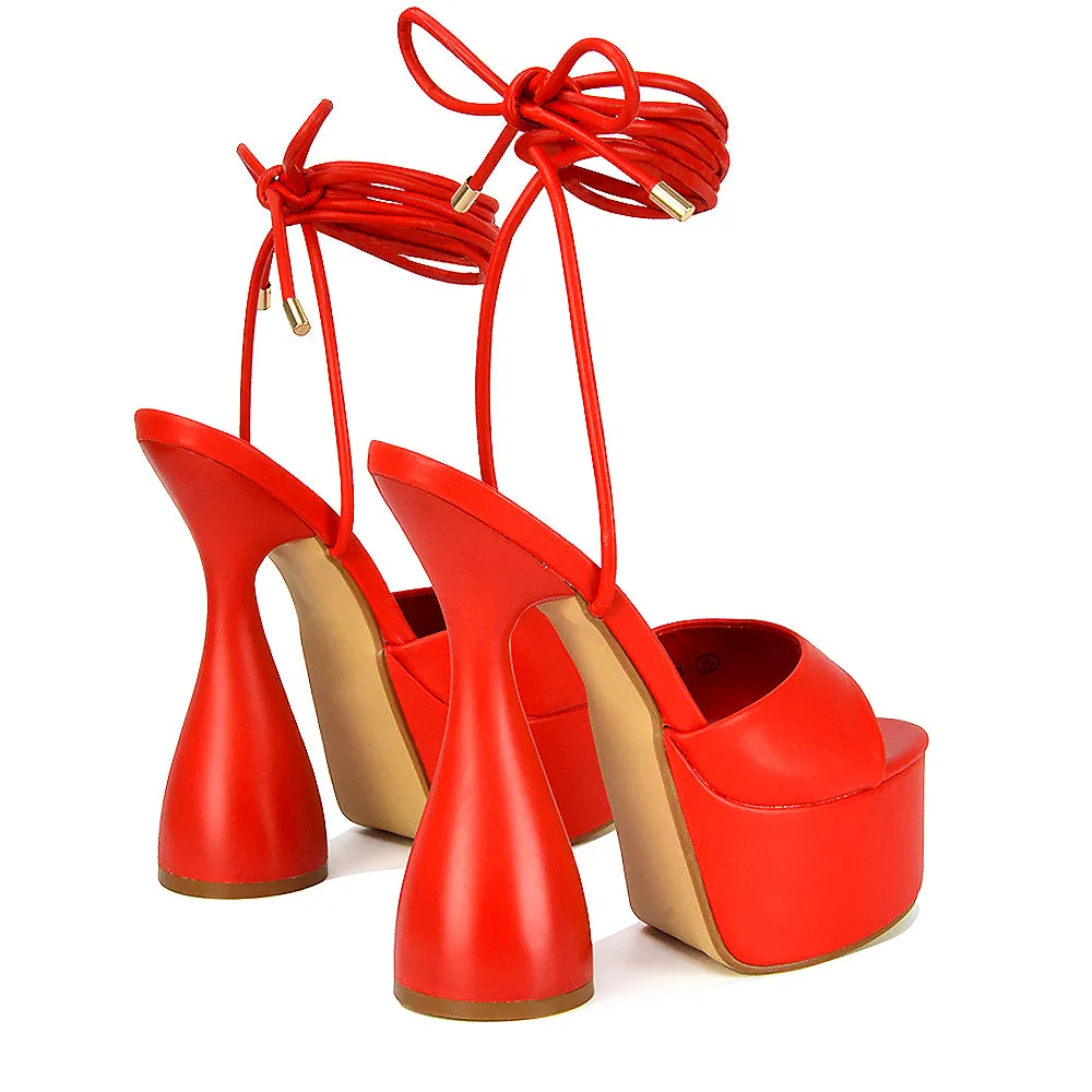 Celeste Lace Up Peep Toe Platform Sculptured Cylinder High Heel Sandals in White Synthetic Leather