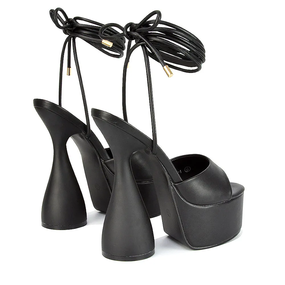 Celeste Lace Up Peep Toe Platform Sculptured Cylinder High Heel Sandals in White Synthetic Leather