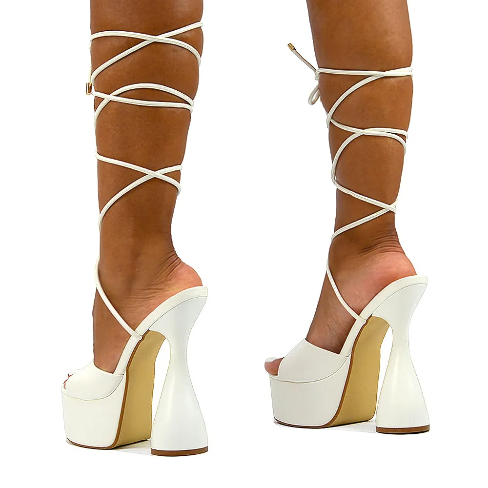 Celeste Lace Up Peep Toe Platform Sculptured Cylinder High Heel Sandals in White Synthetic Leather