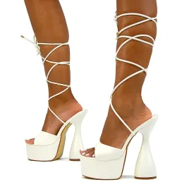 Celeste Lace Up Peep Toe Platform Sculptured Cylinder High Heel Sandals in White Synthetic Leather