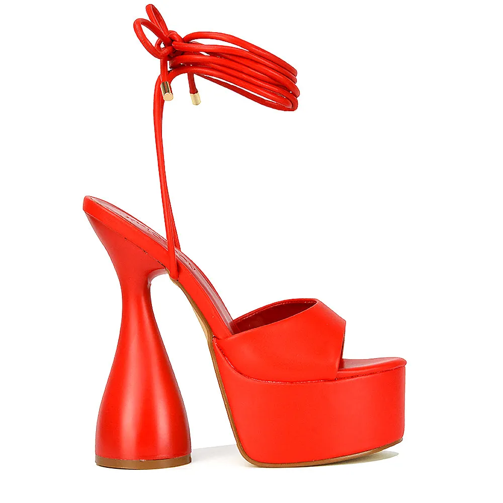 Celeste Lace Up Peep Toe Platform Sculptured Cylinder High Heel Sandals in White Synthetic Leather