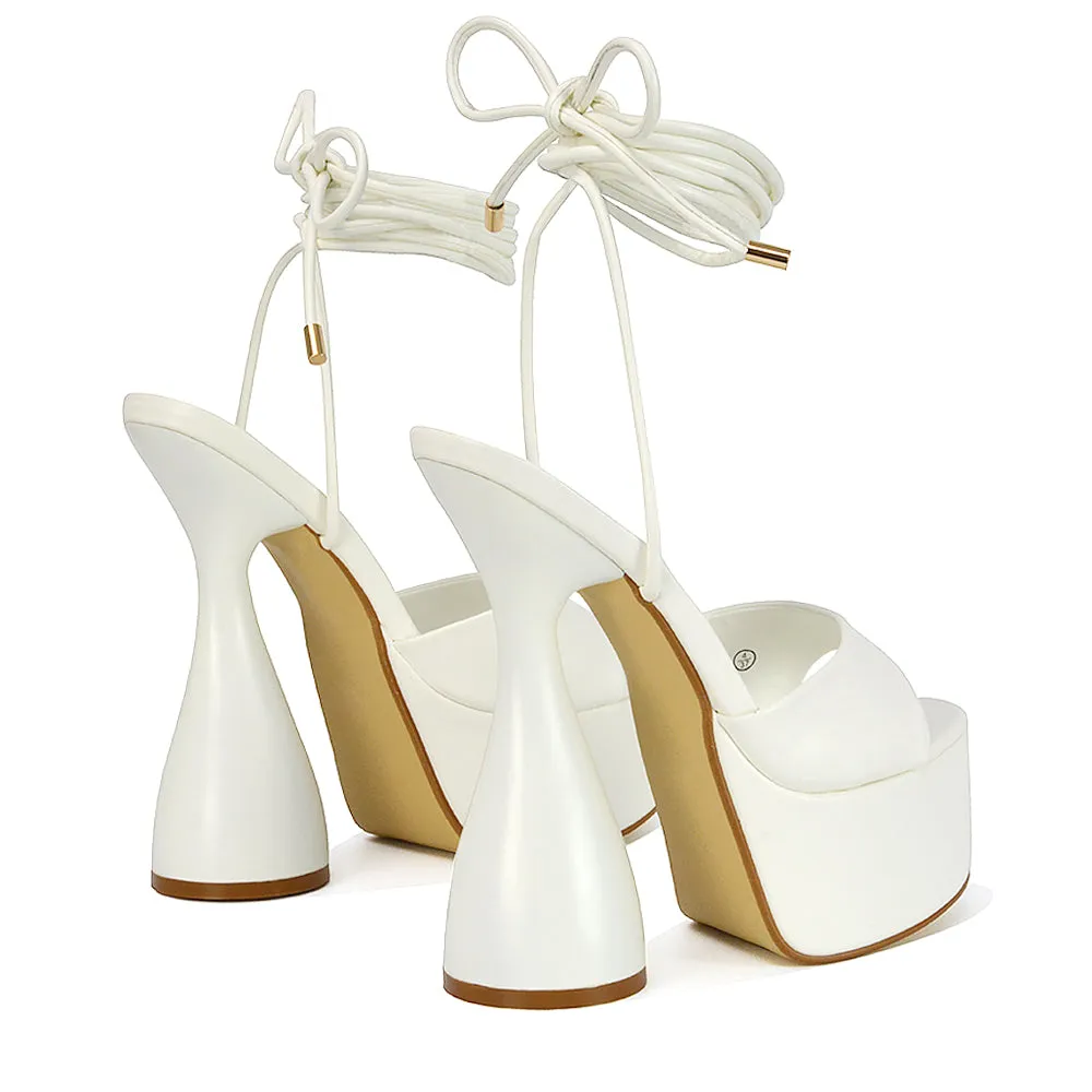 Celeste Lace Up Peep Toe Platform Sculptured Cylinder High Heel Sandals in White Synthetic Leather