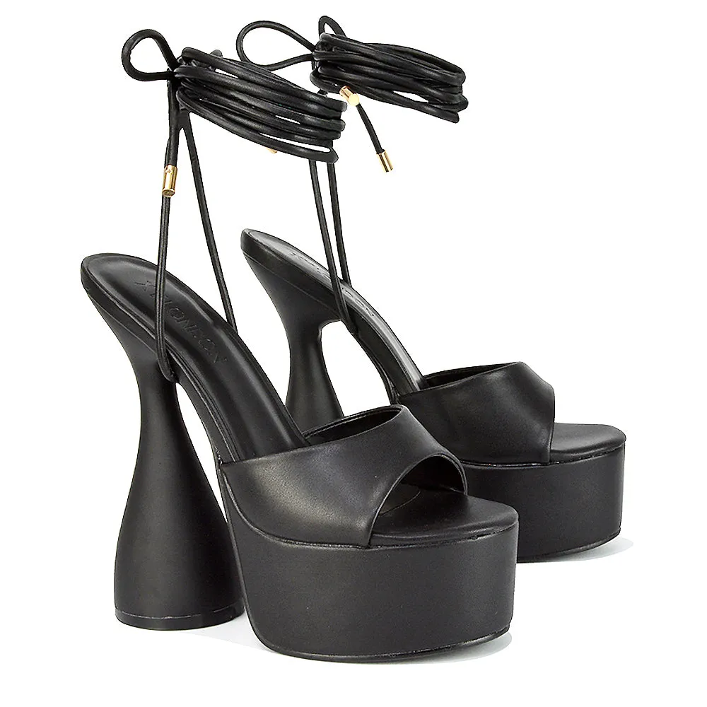 Celeste Lace Up Peep Toe Platform Sculptured Cylinder High Heel Sandals in White Synthetic Leather