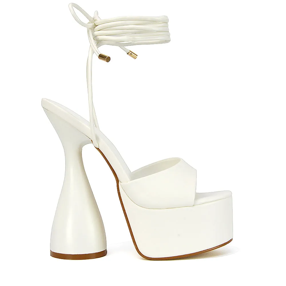 Celeste Lace Up Peep Toe Platform Sculptured Cylinder High Heel Sandals in White Synthetic Leather