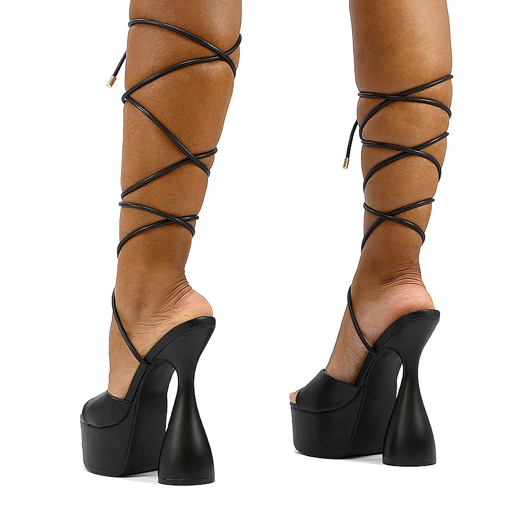 Celeste Lace Up Peep Toe Platform Sculptured Cylinder High Heel Sandals in White Synthetic Leather