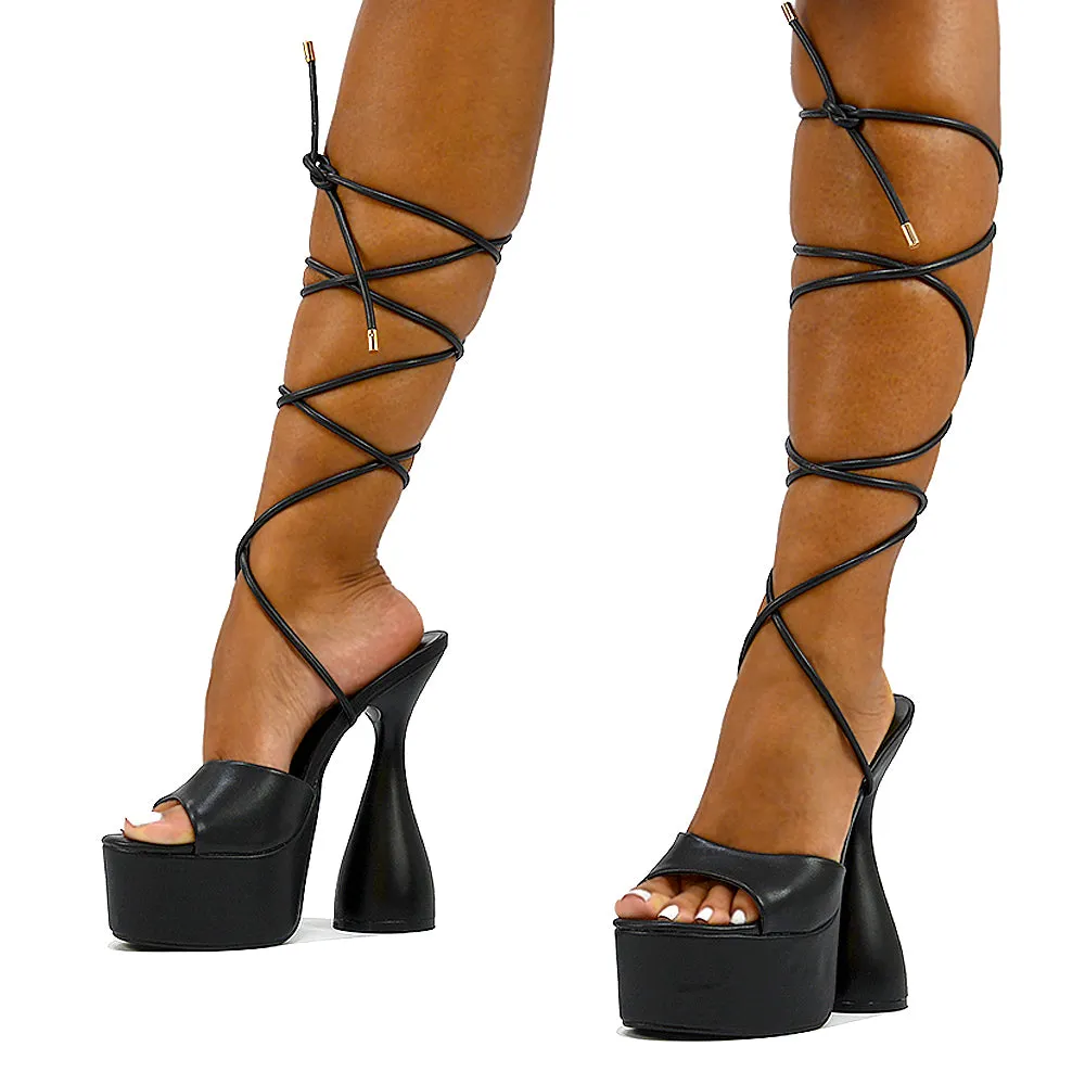 Celeste Lace Up Peep Toe Platform Sculptured Cylinder High Heel Sandals in White Synthetic Leather
