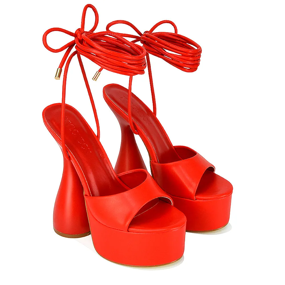 Celeste Lace Up Peep Toe Platform Sculptured Cylinder High Heel Sandals in White Synthetic Leather
