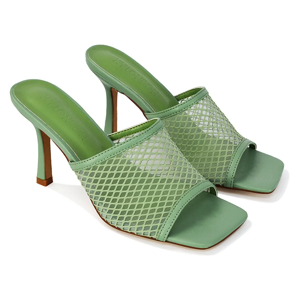 Cici Mesh Panel Square Toe Stiletto High Heel Mule Sandals in Black Synthetic Leather