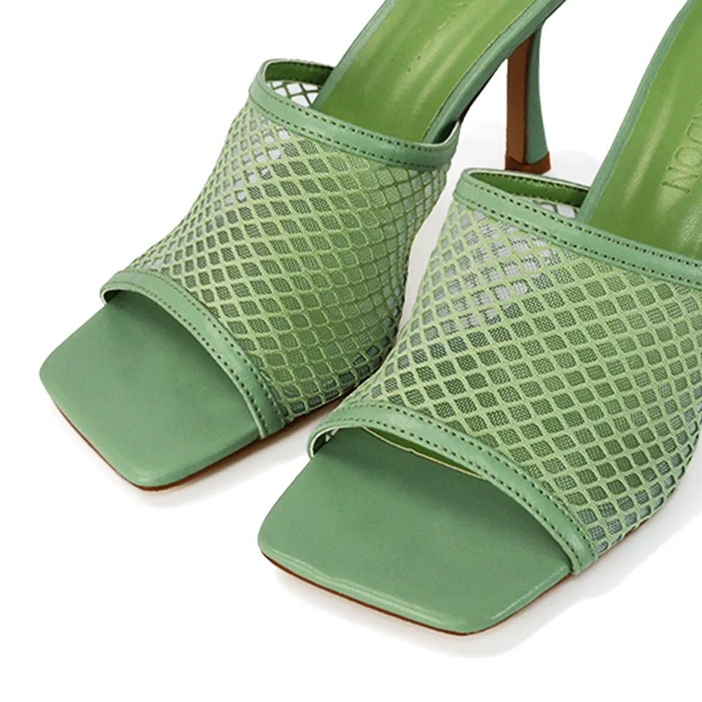 Cici Mesh Panel Square Toe Stiletto High Heel Mule Sandals in Black Synthetic Leather