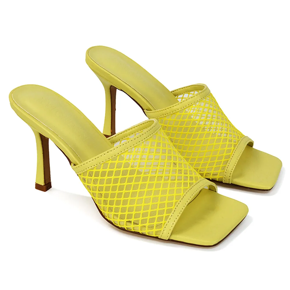 Cici Mesh Panel Square Toe Stiletto High Heel Mule Sandals in Black Synthetic Leather