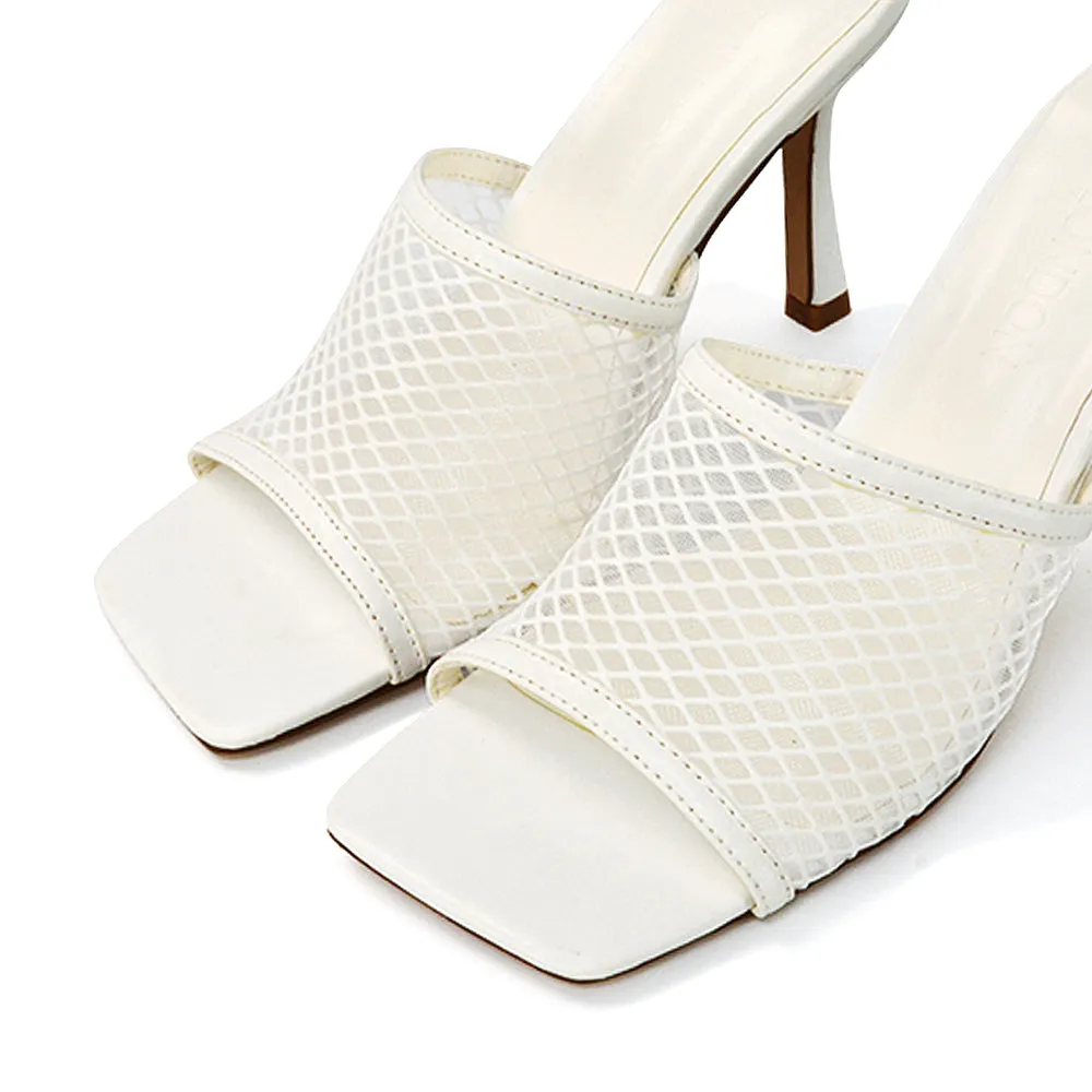 Cici Mesh Panel Square Toe Stiletto High Heel Mule Sandals in Black Synthetic Leather