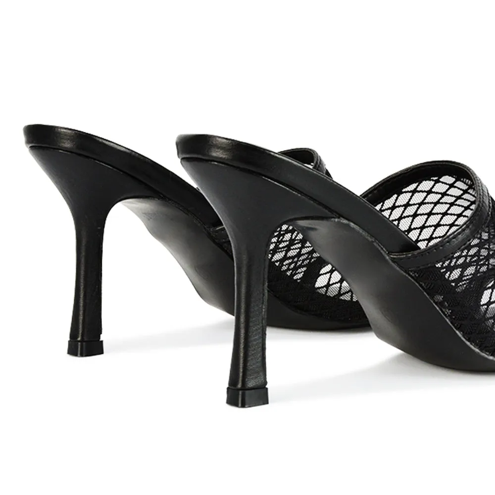 Cici Mesh Panel Square Toe Stiletto High Heel Mule Sandals in Black Synthetic Leather