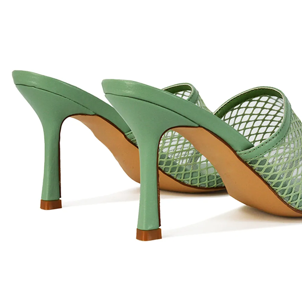 Cici Mesh Panel Square Toe Stiletto High Heel Mule Sandals in Black Synthetic Leather