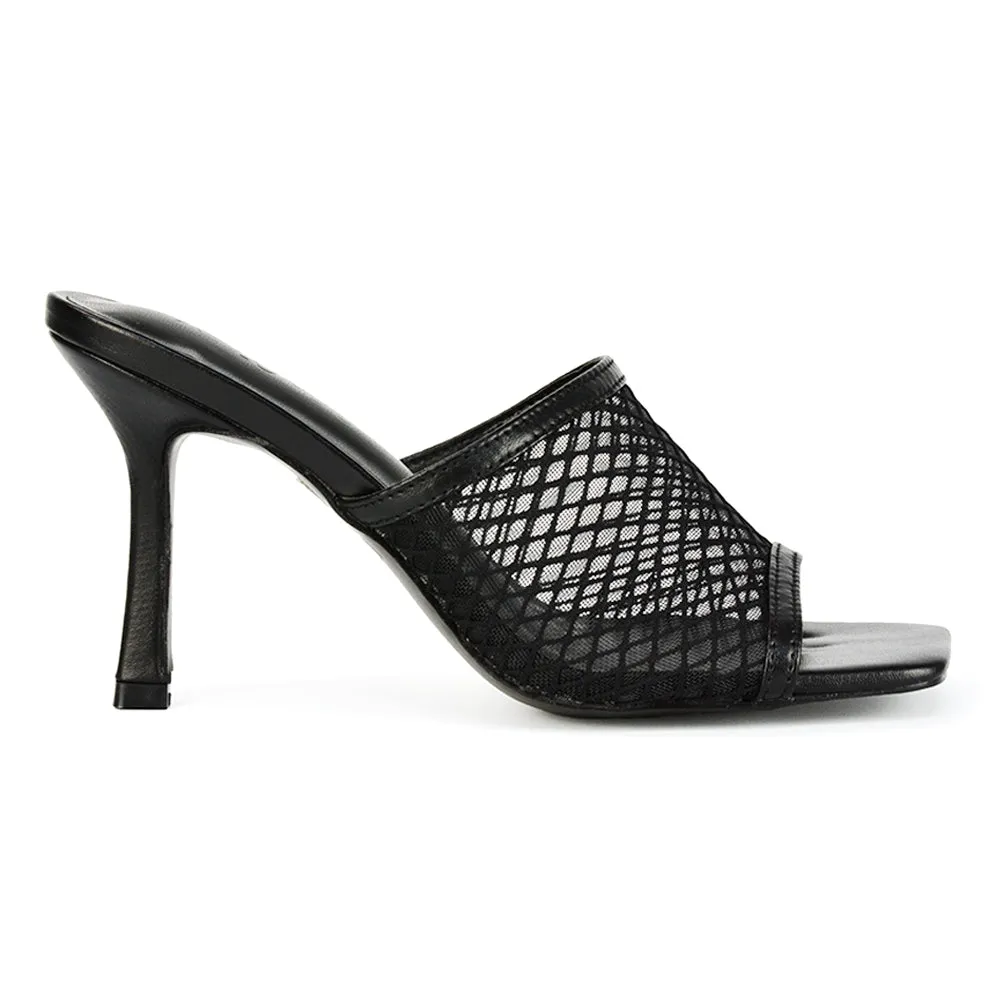 Cici Mesh Panel Square Toe Stiletto High Heel Mule Sandals in Black Synthetic Leather