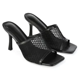 Cici Mesh Panel Square Toe Stiletto High Heel Mule Sandals in Black Synthetic Leather