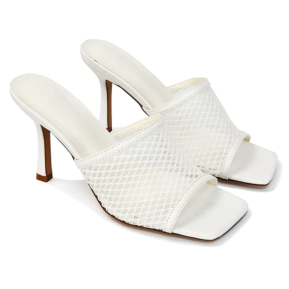 Cici Mesh Panel Square Toe Stiletto High Heel Mule Sandals in Black Synthetic Leather