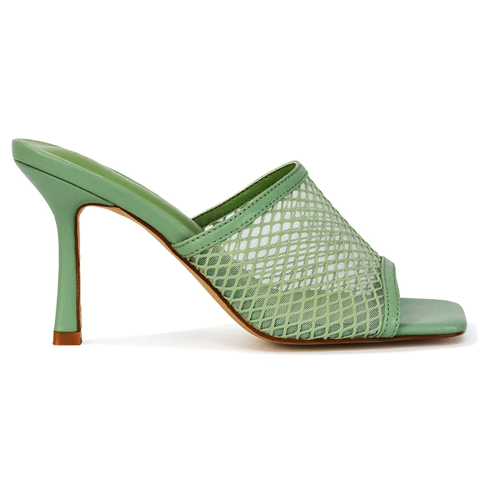 Cici Mesh Panel Square Toe Stiletto High Heel Mule Sandals in Black Synthetic Leather