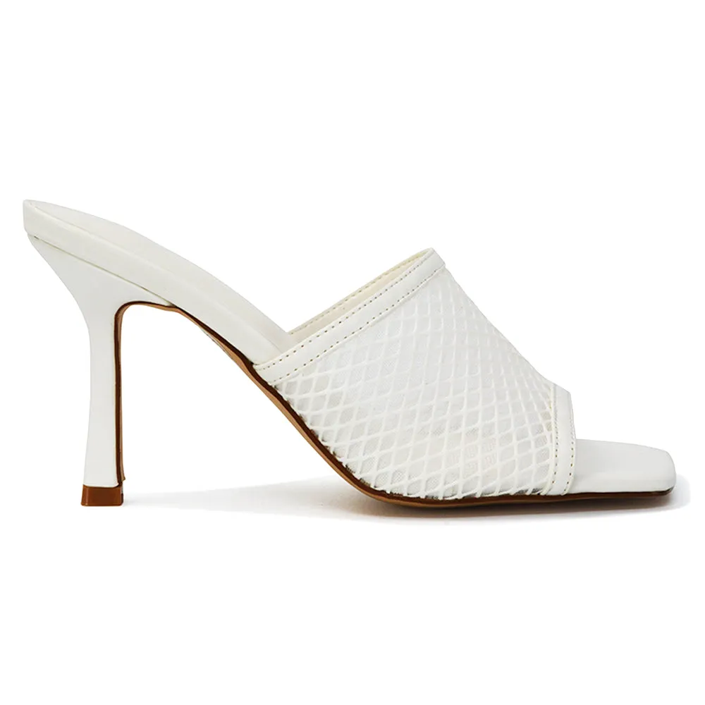 Cici Mesh Panel Square Toe Stiletto High Heel Mule Sandals in Black Synthetic Leather