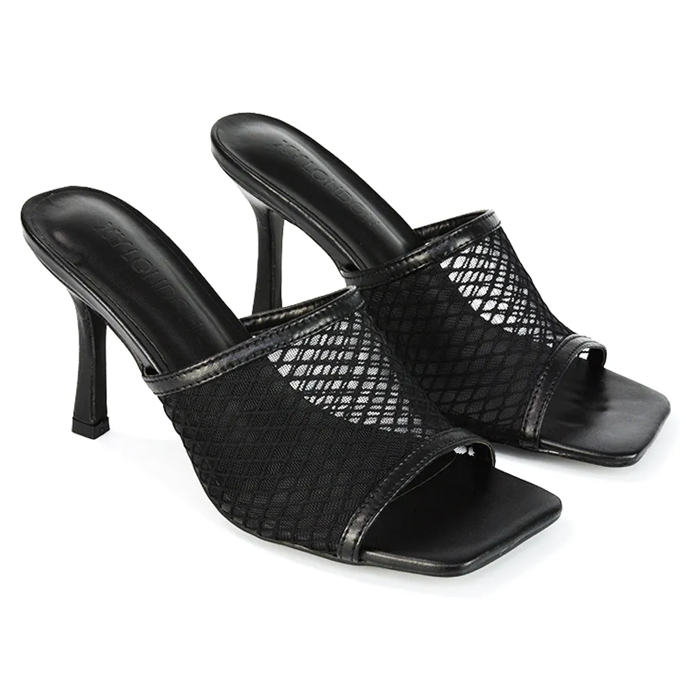 Cici Mesh Panel Square Toe Stiletto High Heel Mule Sandals in Black Synthetic Leather