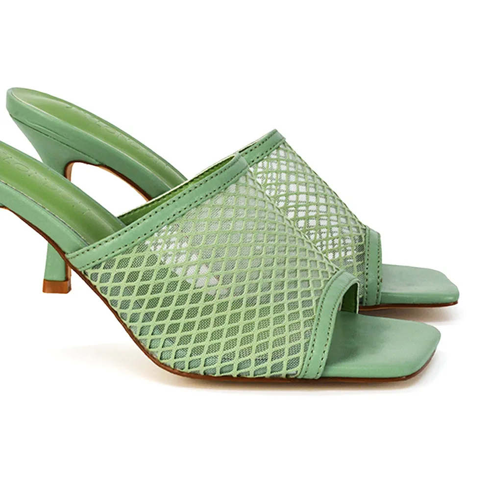 Cici Mesh Panel Square Toe Stiletto High Heel Mule Sandals in Black Synthetic Leather