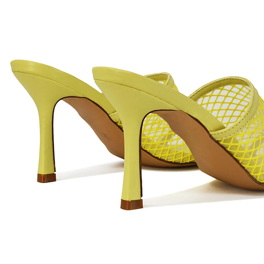 Cici Mesh Panel Square Toe Stiletto High Heel Mule Sandals in Black Synthetic Leather